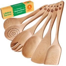 Riveira Cherry Wooden Spoons for Cooking Set of 6 – Natural Cherry Wood Cooking Utensils, Wooden Spatula, Wooden Spoon - Premium Quality Wooden Utensil Set for Non-Toxic Cooking