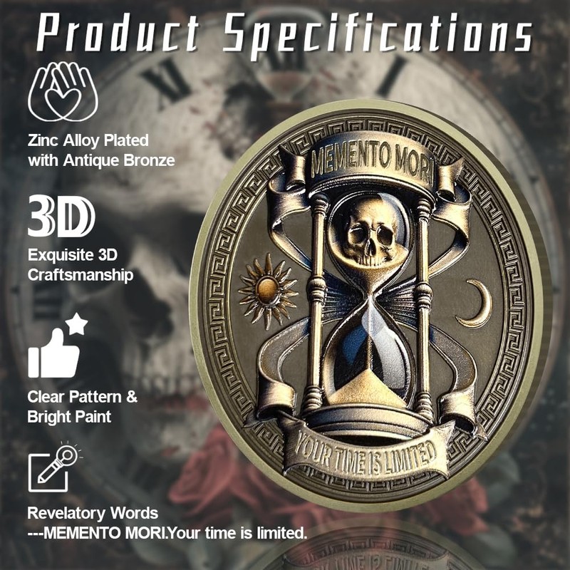 RYUKENLM Memento Mori Coin 3D Skull Challenge Coins Daily Stoic