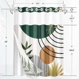 Nesphy No Hook Mid Century Green Boho Shower Curtain with Snap in Fabric Liner, Abstract Sun Arch Curve Leaves Geometric Double Layers Waterproof with See Through Top Window Bath Curtain 71x74 Inch