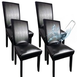 WUSOUPU Leather Dining Chair Covers Set of 4, Waterproof Chairs Covers for Kitchen Room Dining Room Hotel, Made of 4-Way Elastic PU Leather, Wipeable for Quick Cleaning (4 Pcs, Black)