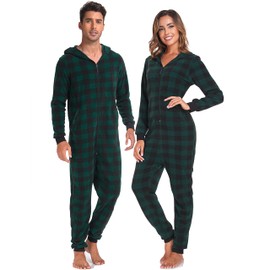 COLORFULLEAF Couples Christmas Pajamas for Family Hoodie Plaid Fleece Onesie Full Zipper Jumpsuits Green (Womens, M)