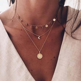 Xduargs Boho Layered Sun Moon Necklace Vintage Sequins Moon Pendant Necklace Gold Celestial Sun Choker Necklace Multilayer Sun Moon Chain Necklace Jewellery for Women and Girls, Zinc