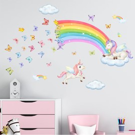 Rainbow Wall Decals Unicorn Wall Decals for Girls Bedroom Butterflies Clouds Pink Wall Stickers for Girls Room Watercolor Vinyl Wall Decals for Baby Nursery Playroom