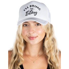 Funky Junque Funny Trucker Hats for Women - Foam Mesh Caps for Bachelorette Party Favors, Girls Trip & Weekend Gifts - I'll Bring The Bling - White