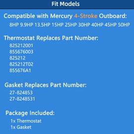 Marine Thermostat kit For Mercury Outboard 4 Stroke, 8HP 9.9HP 13.5HP 15HP 25HP 30HP 40HP 45HP 50HP, 825212001 855676003 855676A1 825212 825212T02