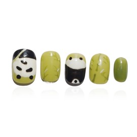 Cute Panda Animal Bamboo Handmade Press on Nails for Women Girls, Hand-painted Short Round Reusable Gel Fake Nails, Stylish Kawaii Unique Durable False Nails Green 10pcs,XS