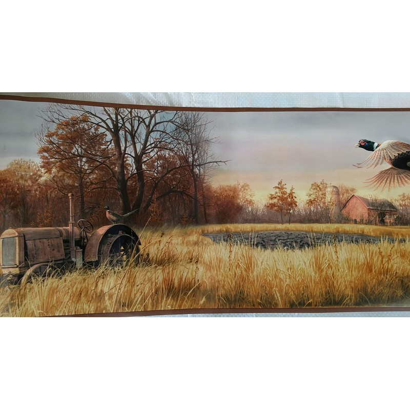 Pheasants Tractor Farm Scene Wallpaper Border - Brown