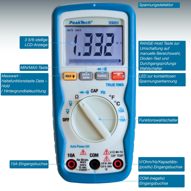 Peak Tech Digital Multimeter with vibrating alarm - 3 5/6