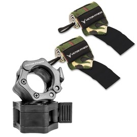 Victor Fitness 18" Thumb Wrist Wraps for Strength Training, Power Lifting, Deadlifts + 2 Quick Release Barbell/Dumbbell Collar Clamps (Camo)