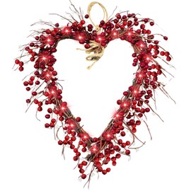 TURNMEON Prelit 16 Inch Heart Valentines Wreath Front Door Decorations Valentines Lights 20 LED Battery Operated 220 Red Berries 248 White Seeds Valentines Day Decor Indoor Home Outdoor Party
