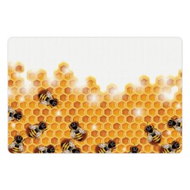 Lunarable Nature Pet Mat for Food and Water, Honey Bees Wax Abstract Insect of Spring Season Artwork Image, Non-Slip Rubber Mat for Dogs and Cats, 18" X 12", Marigold Apricot