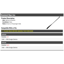 Windshield Wiper Arm - Compatible with 1987-1996 Dodge Dakota