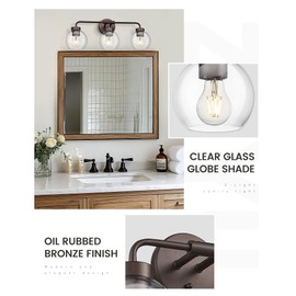zeyu 23" Oil Rubbed Bronze Vanity Light Fixture, 3-Light Farmhouse Bathroom Wall Lights with Clear Glass Globe Shade, ZS62BG-3W ORB
