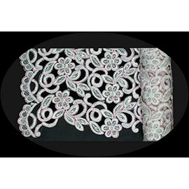 52" Wide - Two Tone White Blue Green Pink Handsewn Beaded Corded Floral Embroidery Scalloped Fabric Sold by Yard (White/Pink Cording)