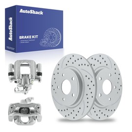 AutoShack Rear Solid Drilled & Slotted Coated Brake Rotors Silver Matte Finish + Calipers 4-PC Brake Kit Replacement for 2012 Ram C/V TurboGuard 12.91" (328 mm)