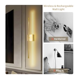 Qiandenghui Battery Operated Wall Sconce Set of 2 10000mAh Rechargeable Wall Light with Remote Control, Dimmable LED Lighting Fixture for Bedroom Living Room,Brass