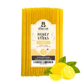 The Honey Jar Lemon Flavored Honey Sticks - Pure Honey Straws For Tea, Coffee, or a Healthy Treat - One Teaspoon of Flavored Honey Per Stick - Made In The USA with Real Honey - (50 Count)