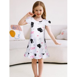 COTRIO Cat Nightgowns for Toddler Girls Cartoon Nightdress Sleepover Nightshirts Nightie Kids Pajamas Party Sleepwear Size 4t (3-4 Years, White)