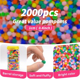 Bundooraking Pom Poms, 0.4 inch (1cm) 2000pcs Multicolor Bulk Mini Pom Poms Balls Arts&Crafts, Soft and Fluffy Small Craft Pom Poms in jar, Pom Poms for Crafts DIY Craft Supplies.