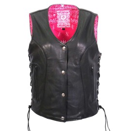 Hot Leathers VSL1018 Ladies 'Pink Paisley' Lined Black Leather MC Vest - 2X-Large