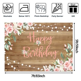 Avezano Rustic Wood Birthday Banner Happy Birthday Party Decorations Pink Floral Girls Women Bday Backdrop Photo Booth Studio Props