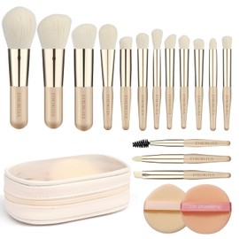 Juego de brochas de maquillaje de viaje, 15 brochas de maquillaje pequeñas y 2 borlas para base, polvos, sombras de ojos, iluminadores, contornos, rubores y correctores, juego de brochas de (tono de piel)