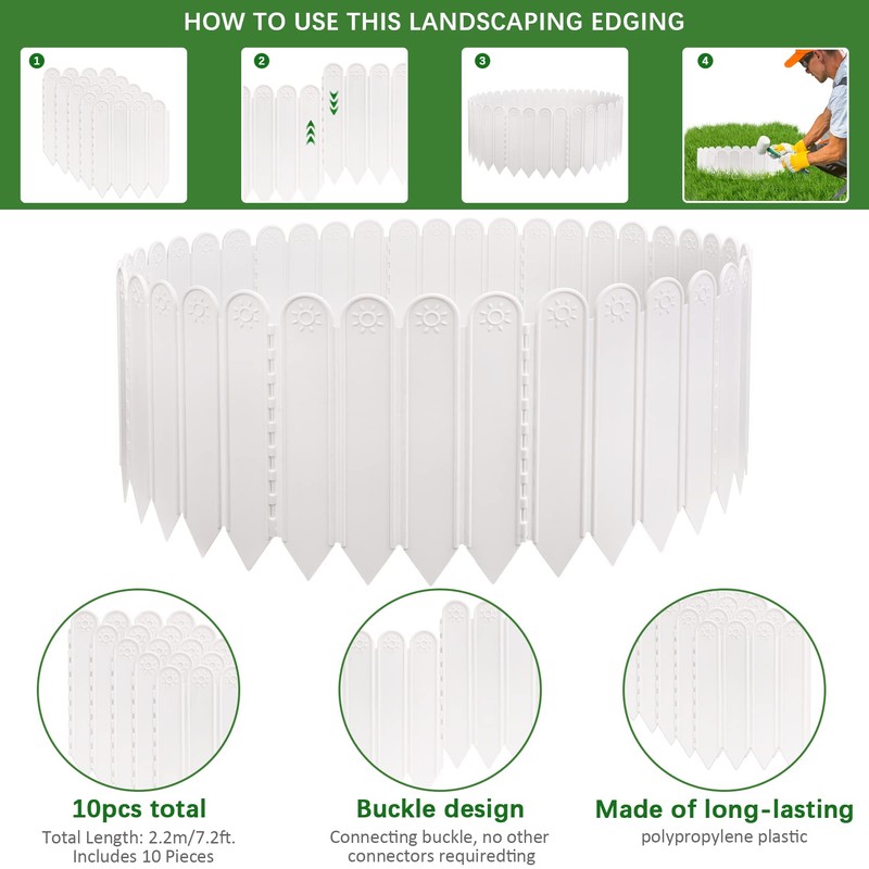 10.6" H White Garden Edging Borders, 10Pcs Plastic Garden Landscape