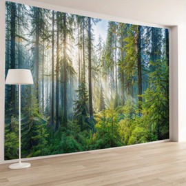 BCughia Tapestry 200 x 200 cm, Green Trees Misty Forest Nature Landscape Print Polyester Fabric Wall Hangings Wall Decoration