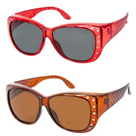 2 Pair The Starlet Polarized 55 mm Fit Over OTG Butterfly Rhinestone Sunglasses, Red Brown