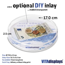 VITAdisplays Round Payment Plate, Cash Tray, Change Tray "Full-Moon" as a Number Tray and Transparent Cashier Plate, Customisable with Paper Insert