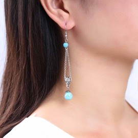 Inateannal Boho Turquoise Earrings Silver Hook Earrings Turquoise Pearl Earrings Turquoise Drop Earrings Tribal Turquoise Chain Earrings Jewellery for Women and Girls, Zinc, No Gemstone