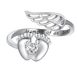 925 Sterling Silver Plated Miscarriage Gifts for Mothers Mommy of an Angel Wings CZ Ring Loss Memorial Sympathy Created Birthstone Jewelry for Mom Women Size 9#
