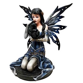 Blue MOONFALL Enchantress Mystical Fairy with Black CAT Sculpture Figurine
