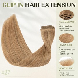 S-noilite 16 Inch Clip in Hair Extensions 100% Human Hair 8Pcs 18Clips Normal Weft Full Head Clip in Hair Extensions for Women Straight Dark Blonde Real Hair Extension(65g,#27 Dark Blonde)