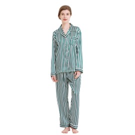 Women's Classic Satin Pajama Set Sleepwear Loungewear (Green and White Striped, Large)