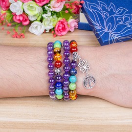 PWMENLK 108 Mala Beads Meditation Necklace 7 Chakra Buddhist Prayer Beaded Bracelet Tree of Life Pendant Necklace Healing Stone Yoga Necklace Women Men Bracelets(amethyst)