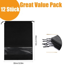 Pack of 12 Non-Woven Shoe Bags, Shoe Bag Travel Waterproof, 32 x 44 cm Portable Shoe Bags with Clear Window, Fabric Bag with Drawstring, Travel Storage Bag, Organiser for Travel Home (Black), NO, ALL