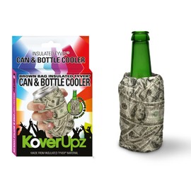 TYVEK BROWN BAG ARTWORK INSULATED CAN & BOTTLE COOLER SLEEVE SOFT REUSABLE COLLAPSIBLE COOLIE FOR PARTIES, EVENTS OR WEDDINGS BUM COLD DRINK THERMAL INSULATOR (Cash Money)