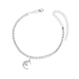 Silver Heart Anklet for Women Adjustable Rhinestone Butterfly Anklets Layered Heart Moon Ankle Bracelets Butterfly Anklets Summer Beach Foot Chain Jewelry (moon)