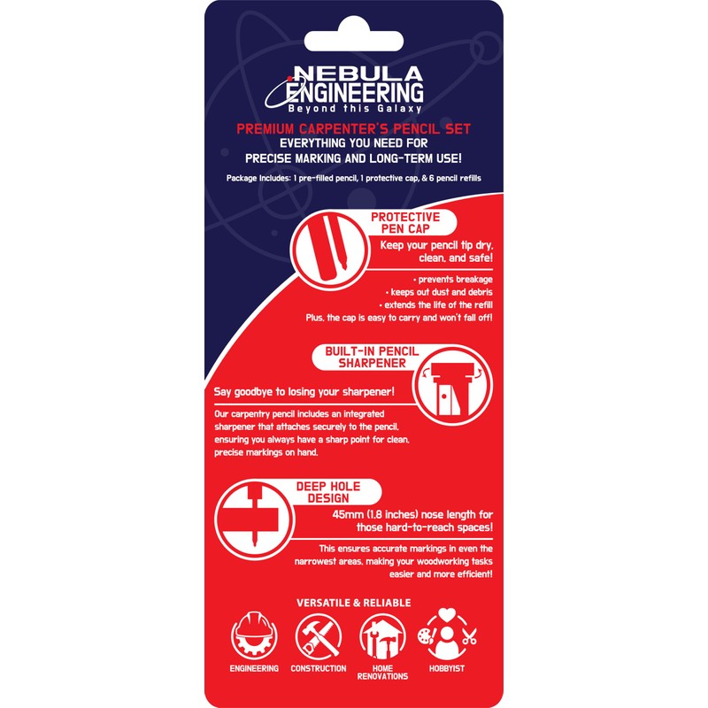 Nebula Engineering Premium Carpenter’s Pencil Set – Built-In Sharpener, Protective