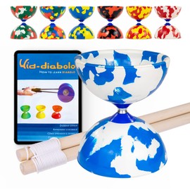 Juggle Dream Jester Diabolo Set - Fixed Axle Professional Diabolo with Wooden Handsticks and Online Learning Video - Juggling Toy (Blue/White)