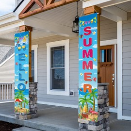 Hello Summer Porch Banner, 2 Pcs Summer Door Sign Set for Beach Pool Hawaiian Luau Party Decorations, 71 x 12 Inch Each