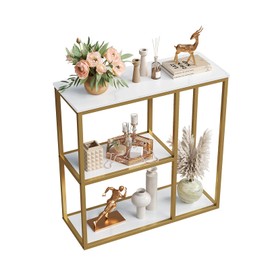 WOHOMO Console Table, Small Entryway Table with Storage Shelves 12'' Narrow Sofa Table Modern Hallway Table for Living Room 31.5" x12''x31.5'' White and Gold