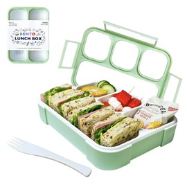 IHANA Bento Lunch Box Food Snack Container with 4 Leakproof Compartments, Locking Lid (Green)