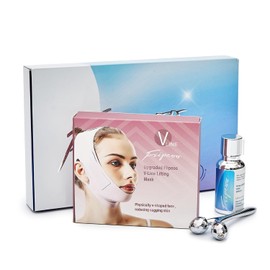 V Line Lifting Kit for Women, Double Chin Strap w/ 3D Face Roller & Hyaluronic Acid Serum for Face Lifting and Jawline Shaper | Comfortable, Adjustable, and Pressure-Free