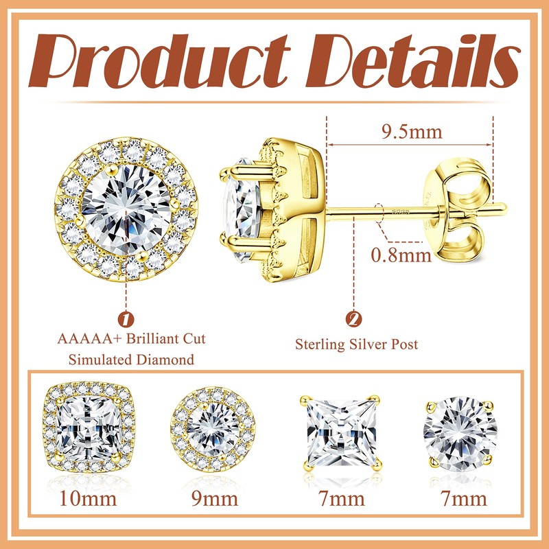 Dochais 4 Pairs 14K Gold Plated Brass Mens Earrings Set