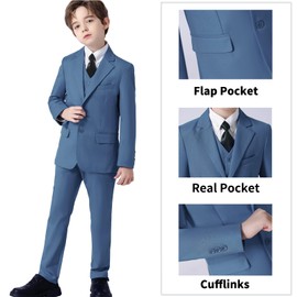 DHTS Traje formal de esmoquin para niños, ajuste ajustado, para boda, vestido de adolescente y niño, Gris azul, 14