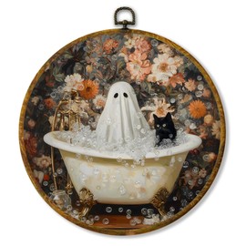 Hiuwevt Ghost Black Cat Bathroom Round Wall Art Decor, Spooky Ghost Black Cat in Bathtub Framed Canvas Prints, Cottagecore Floral Round Wall Hanging Decor for Bathroom Decorations, 10x10 Inches