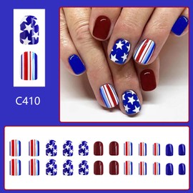 Independence Day Press on Nails Short Square 24Pcs Glossy Full Cover Acrylic Patriotic False Nails with Star Line Designs Glue on Fingernails Artificial July 4th Short Fake Nails for Women Girls