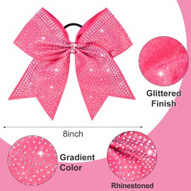 DEEKA 6PCS 8" Large Glitter Pink Cheer Bows with Full Shiny Rhinestones Multicolored Shimmer Cheer Hair Bows Elastic Band Ponytail Holder for Cheerleader Girls Sports-Pink